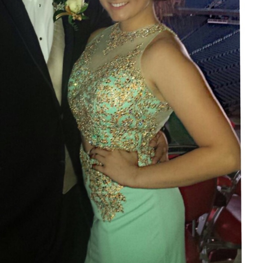 Teal and Gold prom dress w/ bustle tailored - Picture 3 of 3